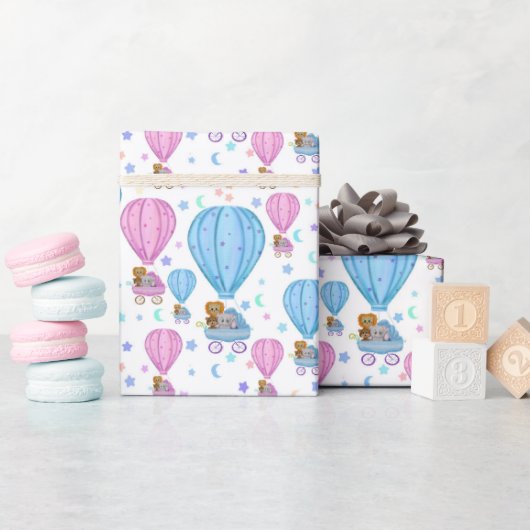 Roze en blauwe luchtballonkokende dieren cadeaupapier (Baby Shower)