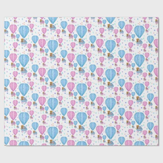 Roze en blauwe luchtballonkokende dieren cadeaupapier (Vlak)
