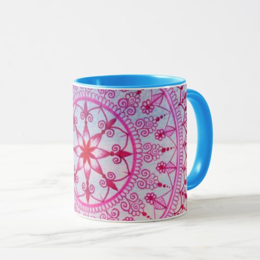  roze en blauwe Mandala-ventilator met hand geteke Mok (Voorkant rechts)
