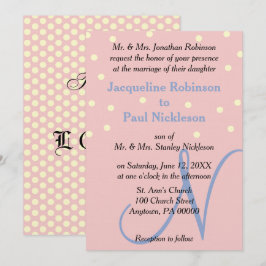 Roze en Blauwe Monogram Trouw Polka Stippen Kaart