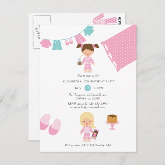 Roze en blauwe Pajama Pancake Girl Birthday Party Briefkaart (Voorkant / Achterkant)
