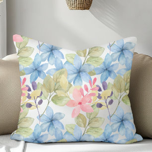 Roze en Blauwe Pastel Bloemen Waterverf Transparan Kussen
