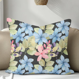 Roze en blauwe pastel bloemige Waterverf op zwart Kussen
