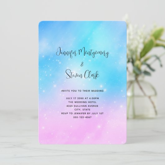 Roze en Blauwe Pastel Gradient Sky Bruiloft Kaart (Staand voorkant)