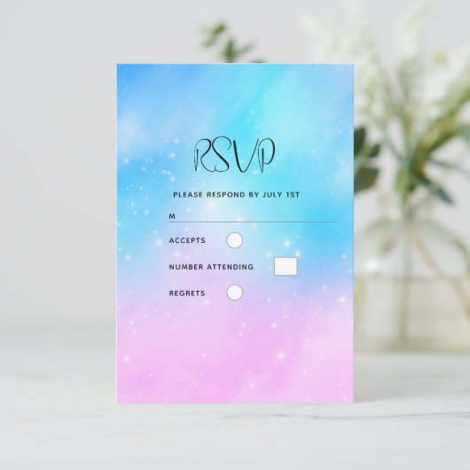 Roze en Blauwe Pastel Gradient Sky Bruiloft RSVP Kaartje (Staand voorkant)