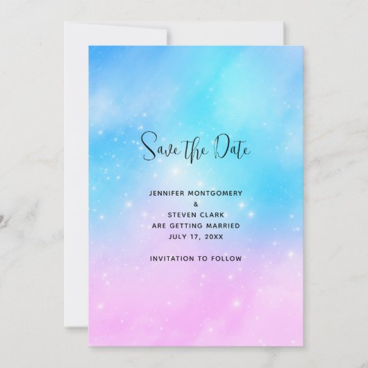 Roze en Blauwe Pastel Gradient Sky Bruiloft Save The Date (Voorkant)