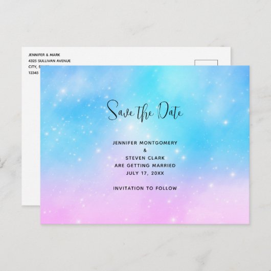 Roze en Blauwe Pastel Gradient Sky Save the Date Uitnodiging Briefkaart (Voorkant / Achterkant)