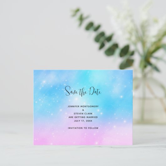 Roze en Blauwe Pastel Gradient Sky Save the Date Uitnodiging Briefkaart (Staand voorkant)