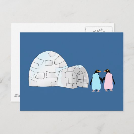 Roze en blauwe pinguïns bij iglo briefkaart (Voorkant / Achterkant)