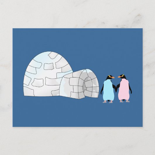 Roze en blauwe pinguïns bij iglo briefkaart (Voorkant)
