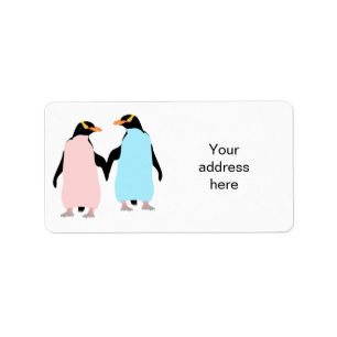 Roze en blauwe Pinguïns die handen vasthouden. Etiket