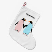 Roze en blauwe Pinguïns die handen vasthouden. Grote Kerstsok (Voorkant (Hangend))