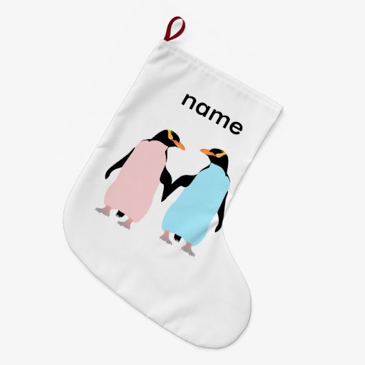 Roze en blauwe Pinguïns die handen vasthouden. Grote Kerstsok (Voorkant (Hangend))