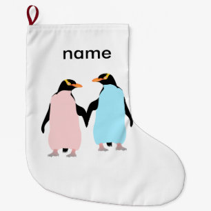 Roze en blauwe Pinguïns die handen vasthouden. Grote Kerstsok