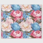  Roze en Blauwe Pioen Lente Bloemen Cadeaupapier (Vlak)