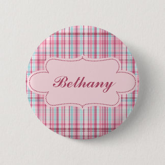 Roze en blauwe plaat met etiket ronde button 5,7 cm