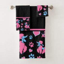 Roze en blauwe poedelpatroon op zwarte achtergrond bad handdoek