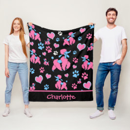 Roze en blauwe poedelpatroon op zwarte achtergrond fleece deken