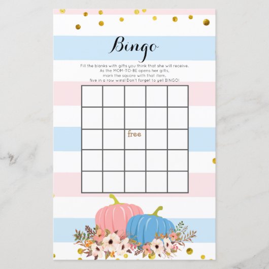 Roze en blauwe pompoen Baby shower Bingo Game (Voorkant)