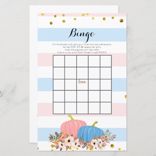 Roze en Blauwe Pompoen Baby Shower Bingo Spel (Voorkant / Achterkant)