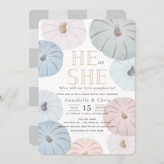 Roze en blauwe pompoen Genderonderzoek Uitnodiging (Voorkant / Achterkant)