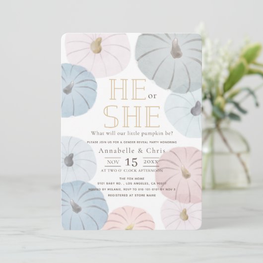 Roze en blauwe pompoen Genderonderzoek Uitnodiging (Staand voorkant)