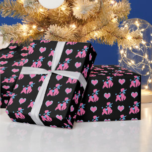 Roze en Blauwe Poodles en Harten op Zwart Cadeaupapier