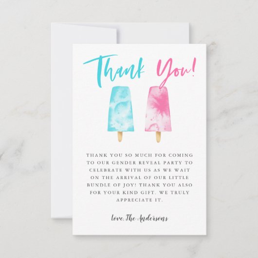 Roze en Blauwe Popsicle Geslacht Onthullen Partij Bedankkaart (Voorkant)