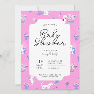 Roze en Blauwe Puppy Hondenbloem Baby shower Kaart