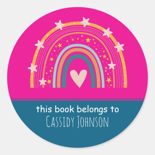 Roze en blauwe regenboog kinder naam ronde sticker (Voorkant)