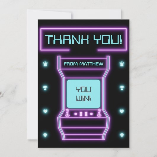 Roze en blauwe retro arcadespelletje bedankkaart (Voorkant)