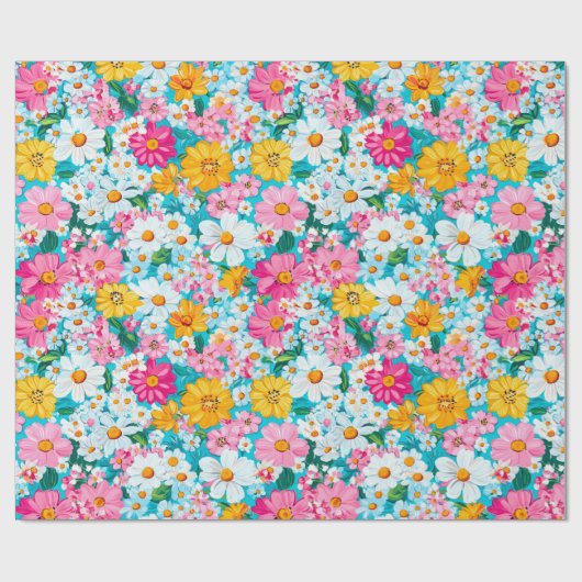 roze en blauwe Retro Bloemen Cadeaupapier (Vlak)