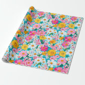  roze en blauwe Retro Bloemen Cadeaupapier (Uitgerold)