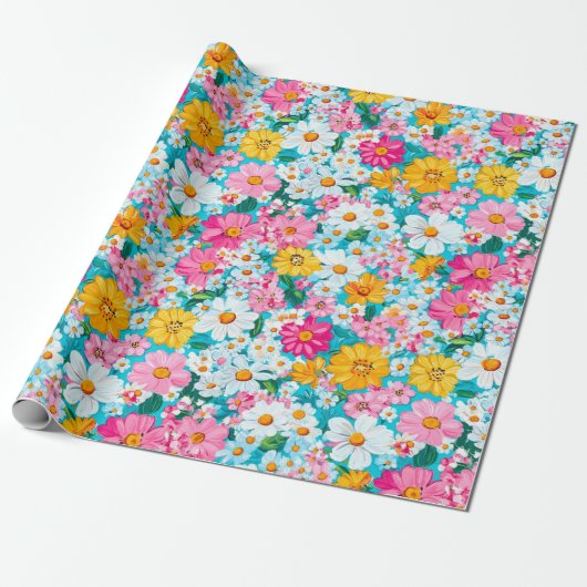 roze en blauwe Retro Bloemen Cadeaupapier (Uitgerold)
