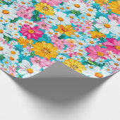 roze en blauwe Retro Bloemen Cadeaupapier (Hoek)