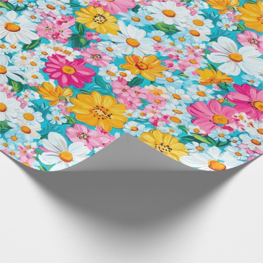  roze en blauwe Retro Bloemen Cadeaupapier (Hoek)