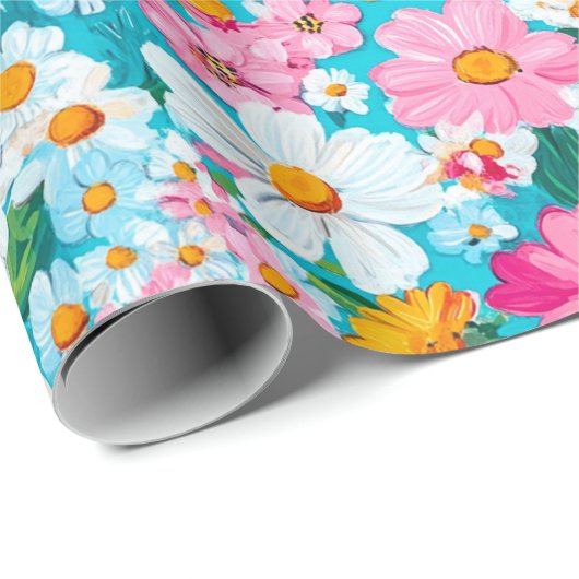  roze en blauwe Retro Bloemen Cadeaupapier (Rol Hoek)