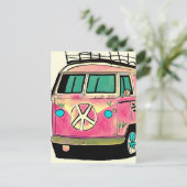 Roze en Blauwe Retro Hippie Van  Art Briefkaart (Staand voorkant)