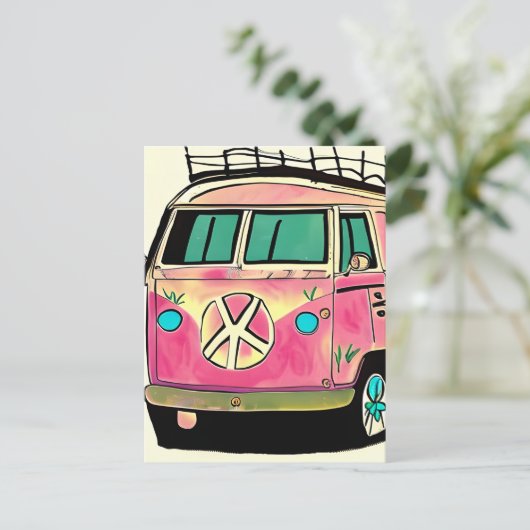 Roze en Blauwe Retro Hippie Van  Art Briefkaart (Staand voorkant)