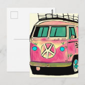 Roze en Blauwe Retro Hippie Van  Art Briefkaart (Voorkant / Achterkant)