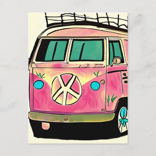 Roze en Blauwe Retro Hippie Van  Art Briefkaart (Voorkant)