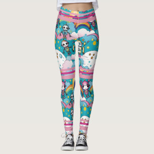 Roze en Blauwe Retro Robots met Racing Stripes Leggings