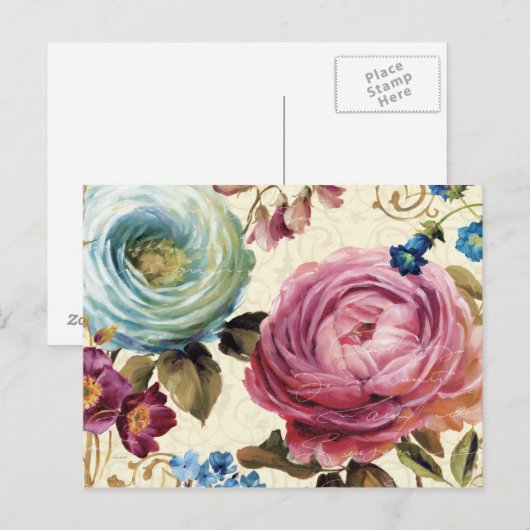 Roze en blauwe Roos Briefkaart (Voorkant / Achterkant)