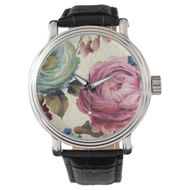 Roze en blauwe Roos Horloge (Voorkant)