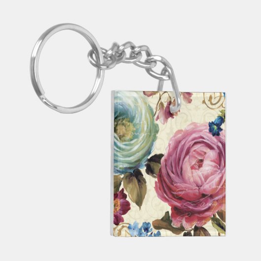 Roze en blauwe Roos Sleutelhanger (Voorkant Links)