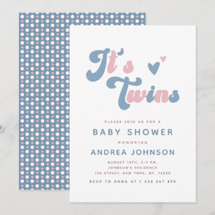 Roze en blauwe roovy Retro Twins Dotted Baby showe Kaart