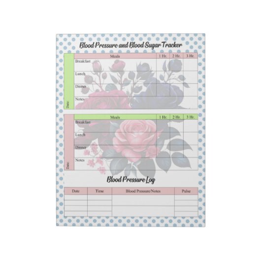 Roze en blauwe Rozen Bloedsuiker en bloeddruk Notitieblok (Linkerzijde)
