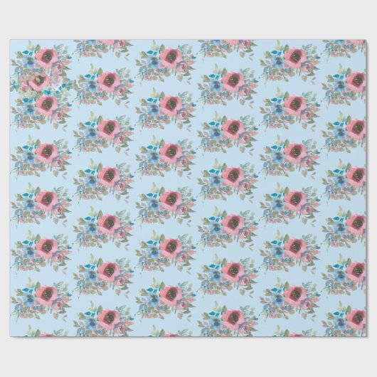  Roze en Blauwe Rozen Cadeaupapier (Vlak)