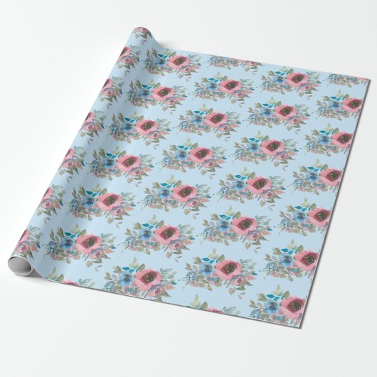  Roze en Blauwe Rozen Cadeaupapier (Uitgerold)