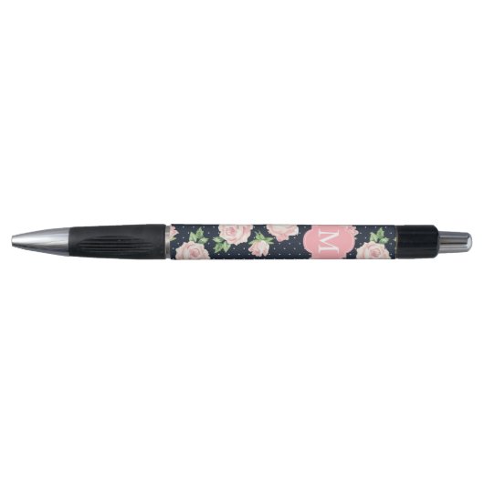 Roze en Blauwe  Rozen Patroon Monogrammen Pen (Voorkant)
